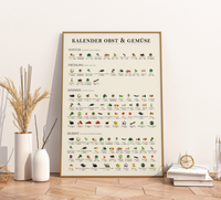 Dieses stilvolle Poster zeigt den Saisonkalender für Obst & Gemüse mit liebevollen Illustrationen – perfekt für nachhaltige Küche & schöne Deko!