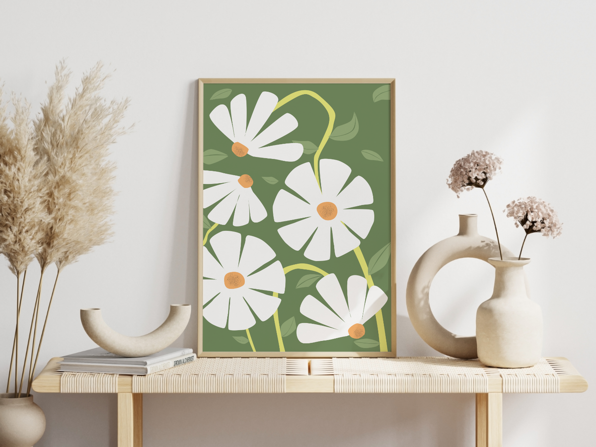 Dieses Poster zeigt dir minimalistisch dargestellte Blumen im Landhaus Stil.