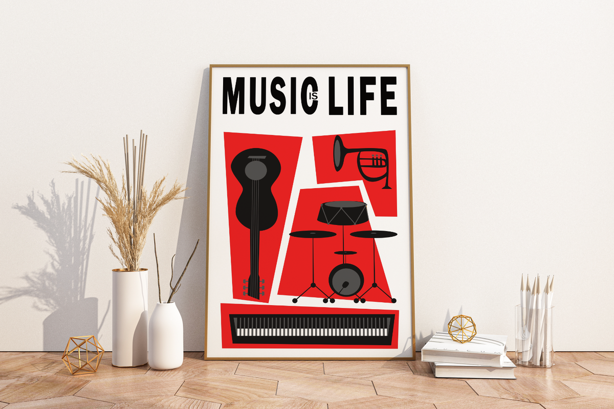 Retro Musik Poster im zeitgenössischen Stil mit verschiedenen Instrumenten.