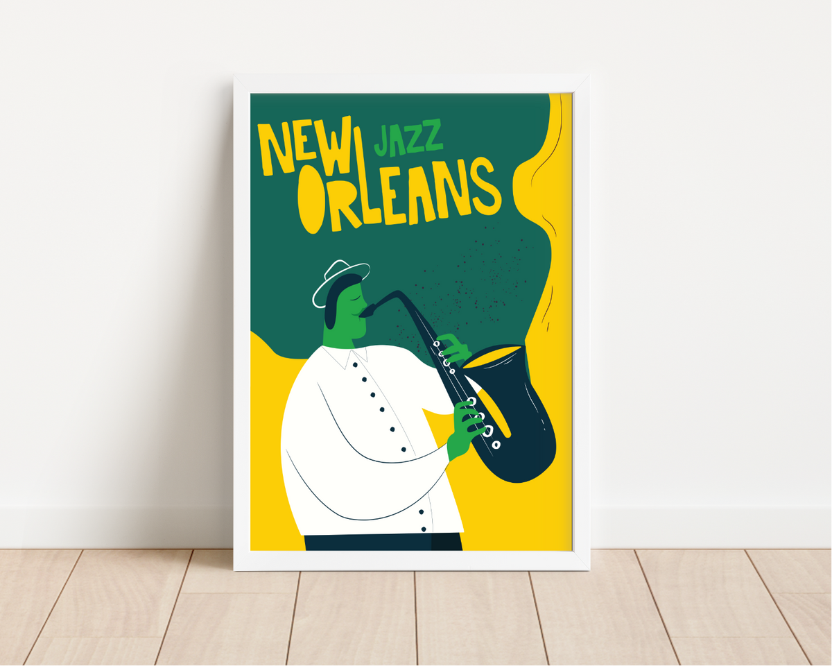 Dieses coole New Orleans Jazz Musik Poster zeigt einen Jazzmusiker in grün und gelb und modernen Stil.