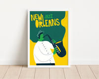 Dieses coole New Orleans Jazz Musik Poster zeigt einen Jazzmusiker in grün und gelb und modernen Stil.