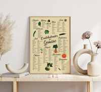 Das Poster zeigt dir einen Erntekalender für Gemüse, geordnet nach Monaten in beige.
