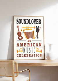 Das Bild zeigt ein retro Musik Poster im zeitgenössischen Stil mit verschiedenen Instrumenten.