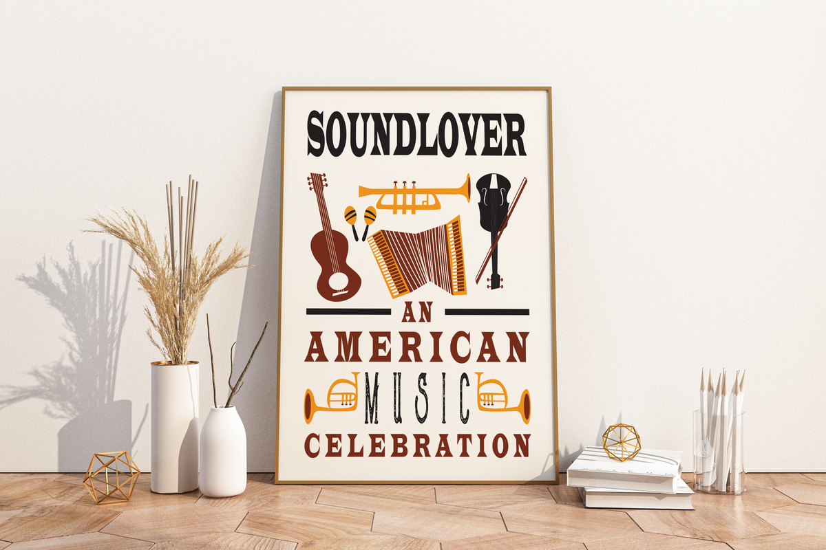 Das Bild zeigt ein retro Musik Poster im zeitgenössischen Stil mit verschiedenen Instrumenten.