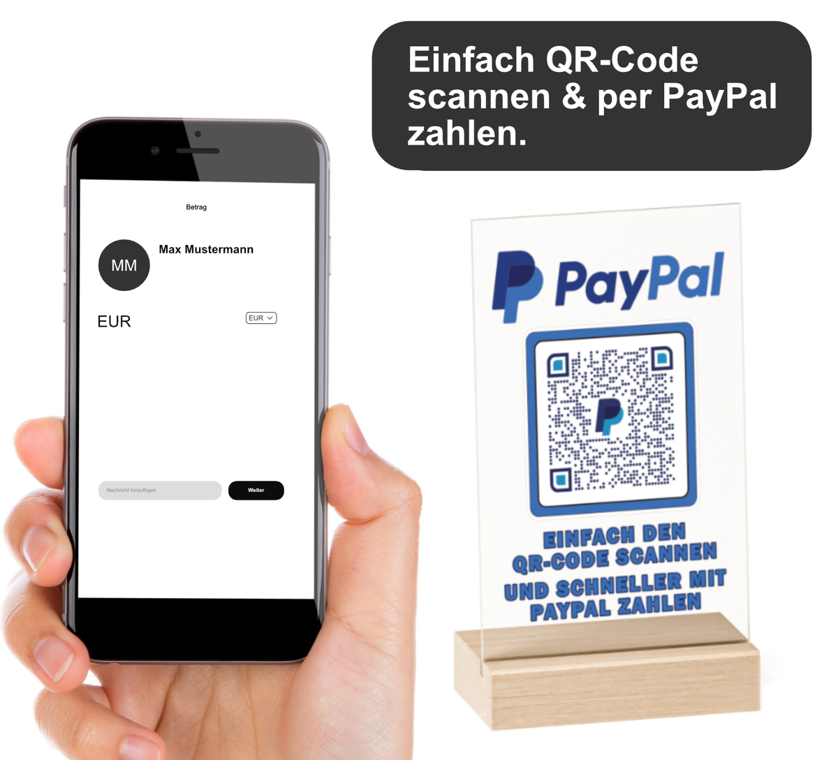 Dieses Acryl-Schild mit Holzfuss ist perfekt, um schnell Bezahlungen über PayPal abzuwickeln.