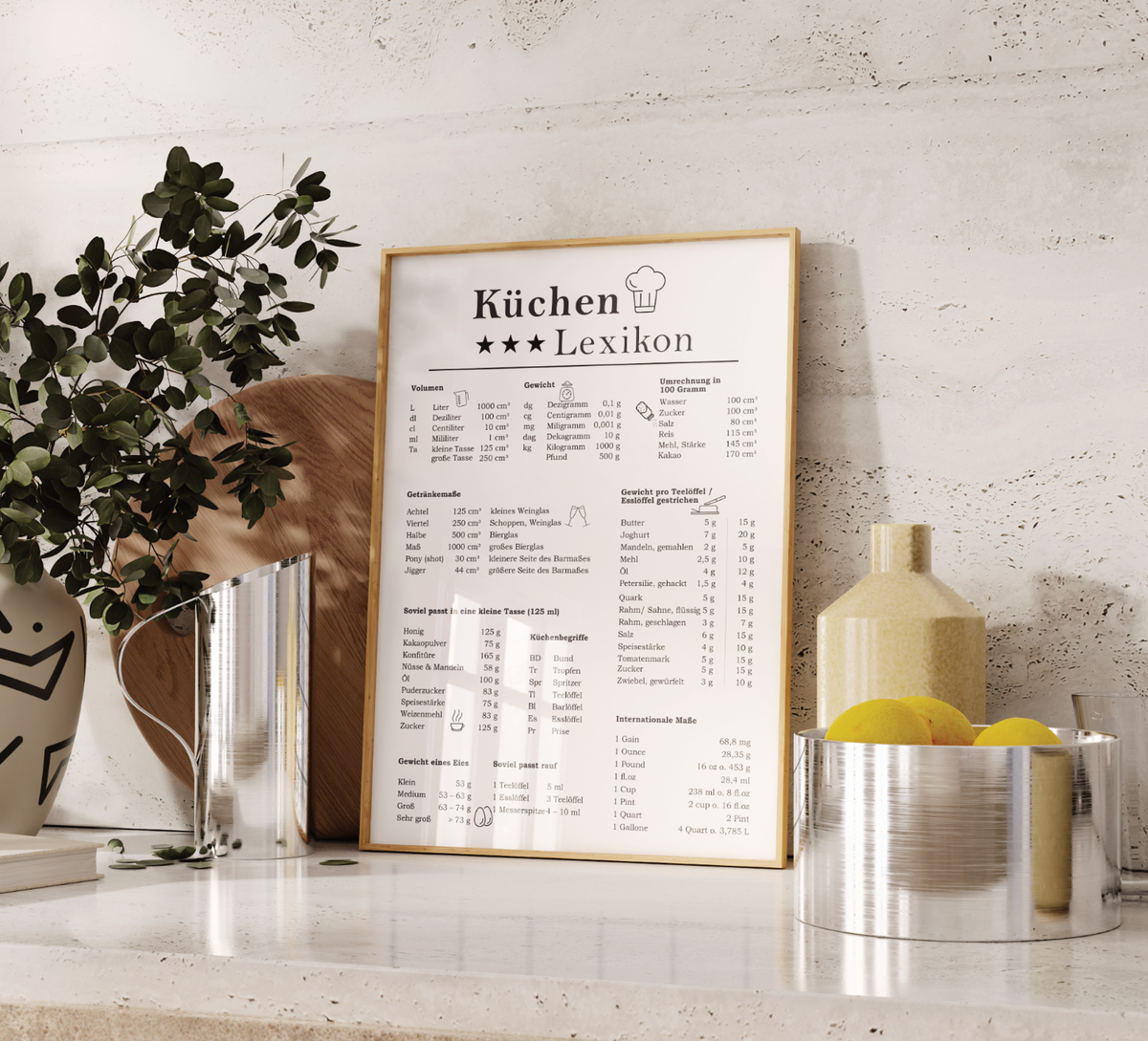 Dieses Küchenlexikon Poster zeigt dir alles Wissen was du in deiner Küche benötigst. Das Bild dient als Übersicht mit allen Maßeinheiten und Gewichten.
