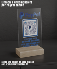 Dieses Acryl-Schild mit Holzfuss ist perfekt, um schnell Bezahlungen über PayPal abzuwickeln.
