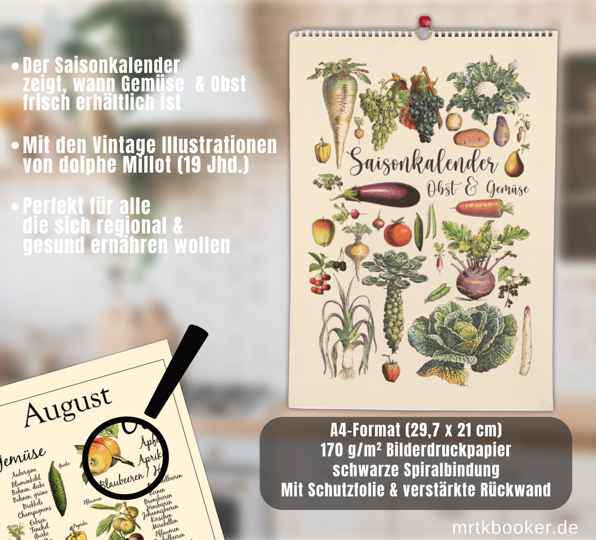 Dieser Kalender zeigt dir verschiedene saisonale und regionale Obst, Gemüse, Salat und Obst Sorten und wann diese verfügbar sind.