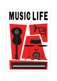 Retro Musik Poster im zeitgenössischen Stil mit verschiedenen Instrumenten.