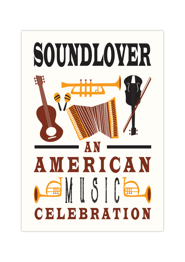 Das Bild zeigt ein retro Musik Poster im zeitgenössischen Stil mit verschiedenen Instrumenten.