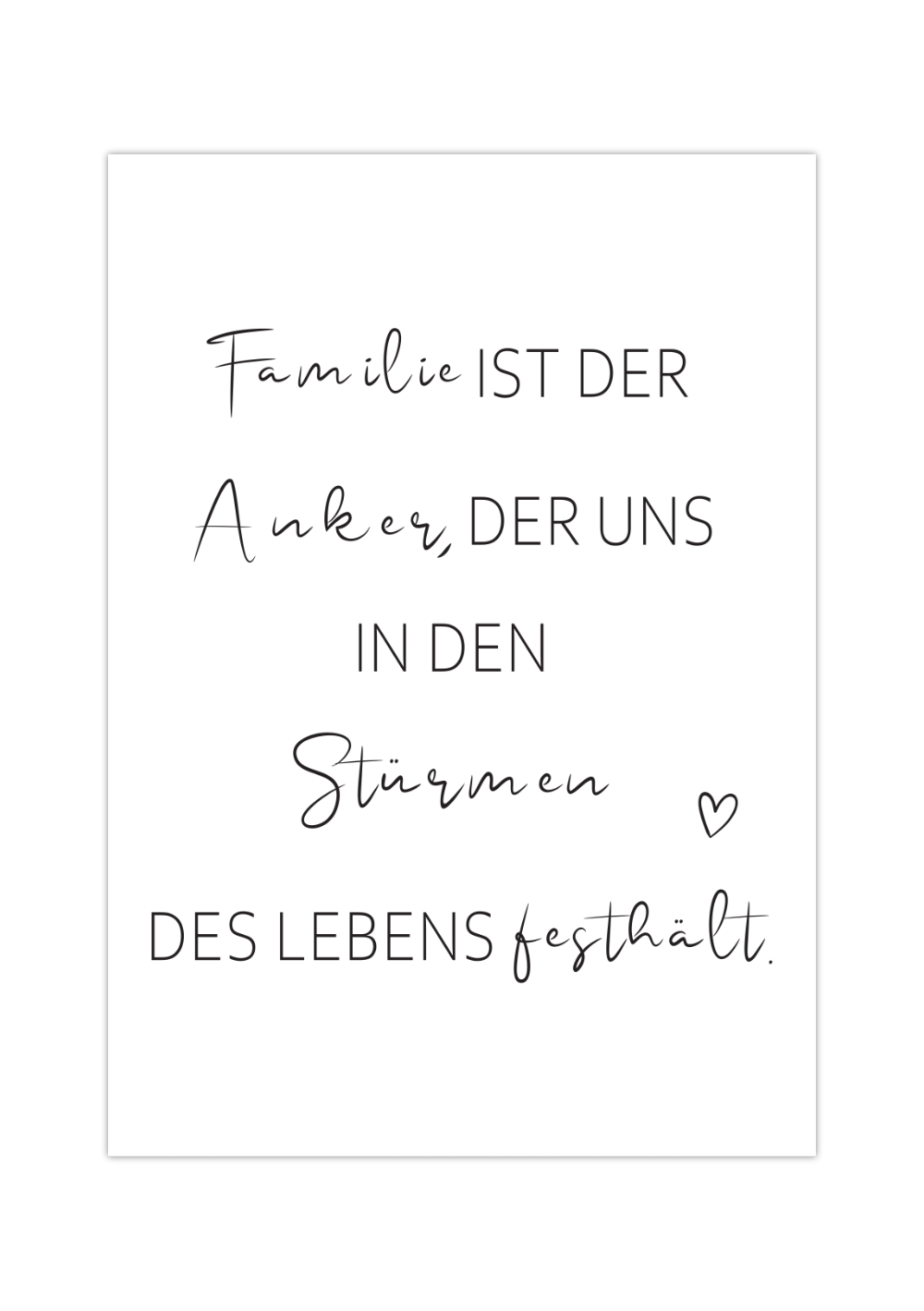 Das minimalistische Familienposter zeigt den Spruch "Familie ist der Anker, der uns in den Stürmen des Lebens festhält".