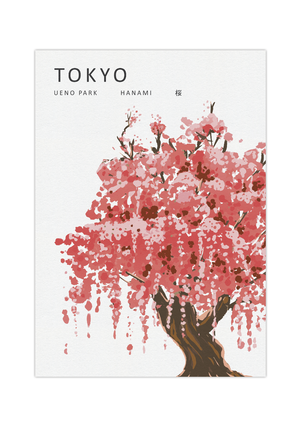 Das Poster zeigt einen japanischen Kirschbaum mit rosa Kirchblüten.
