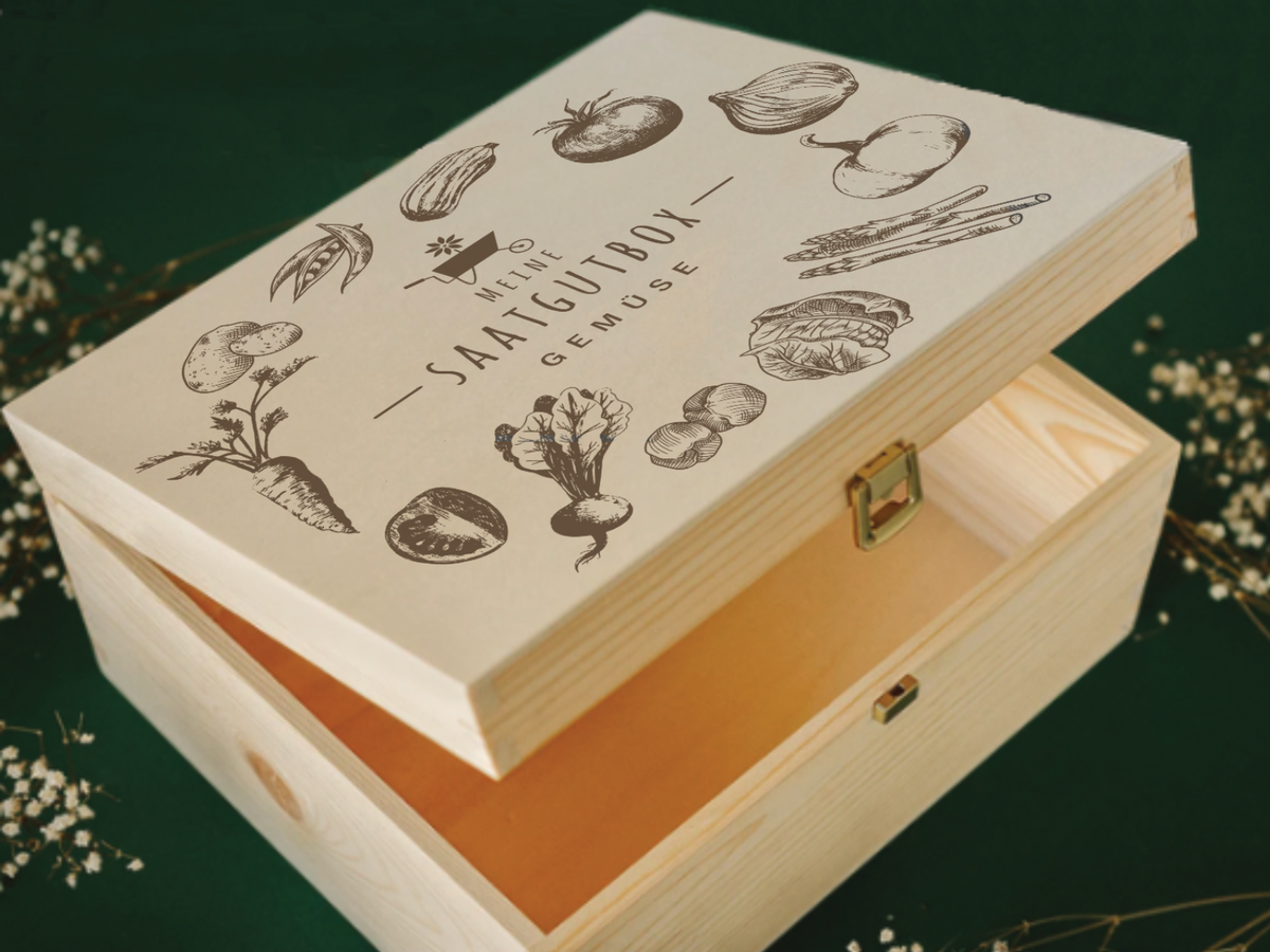 Gravierte Saatgutbox aus Holz für Gemüse zum personalisieren.