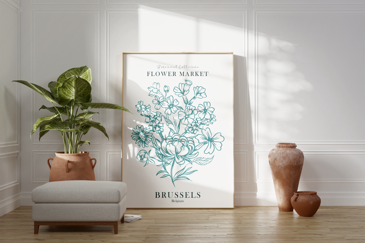 Das Poster ist ein fiktives Bild des Blumenmarktes in Brüssel, Belgien.