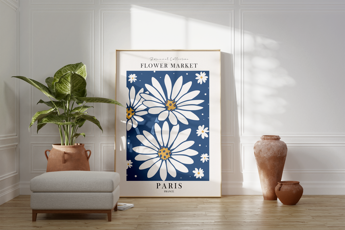 Das blaue Küchenposter ist ein fiktives Bild des Blumenmarktes in Paris.