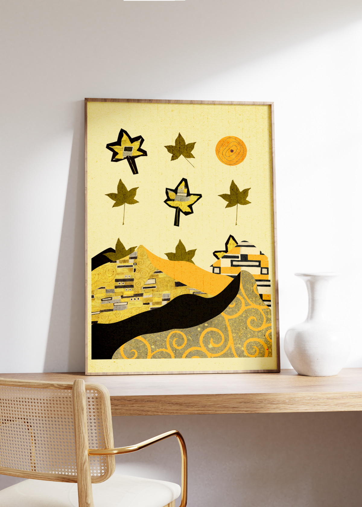 Das Poster zeigt verschiedene, abstrakt dargestellte Blätter die im Frühlingswind wehen.