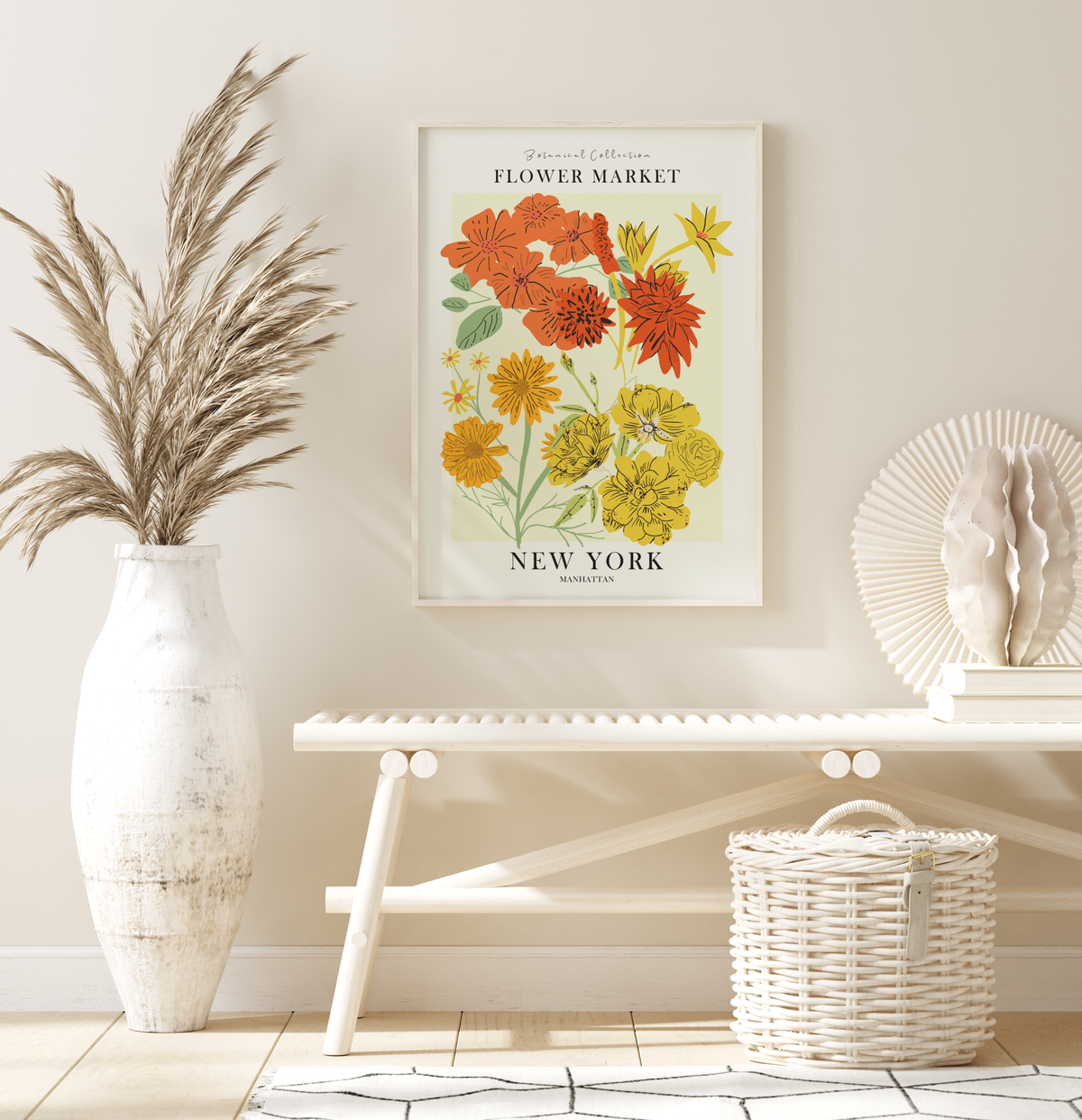 Das Poster ist ein fiktives Bild des Blumenmarktes in New York, Manhattan. In schönem gelb und rot.