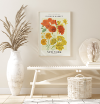 Das Poster ist ein fiktives Bild des Blumenmarktes in New York, Manhattan. In schönem gelb und rot.