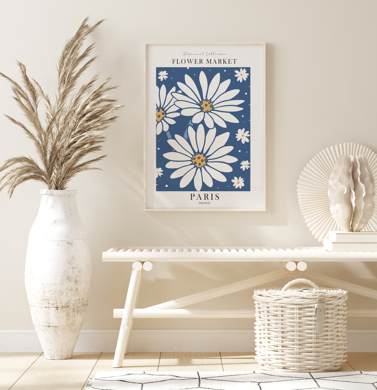 Das blaue Küchenposter ist ein fiktives Bild des Blumenmarktes in Paris.