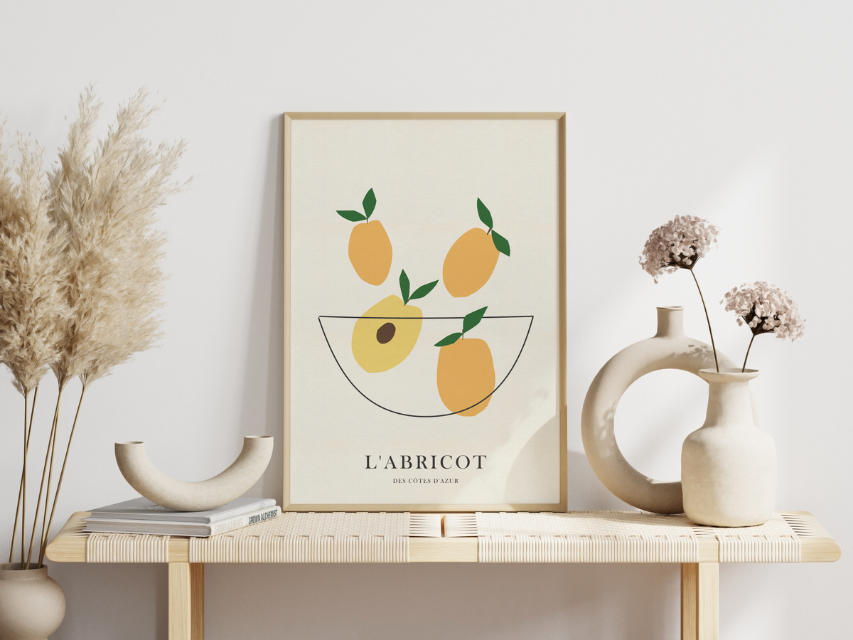 Das Poster zeigt im minimalistischen Landhausstil die Aprikosen der Côtes d'Azur.
