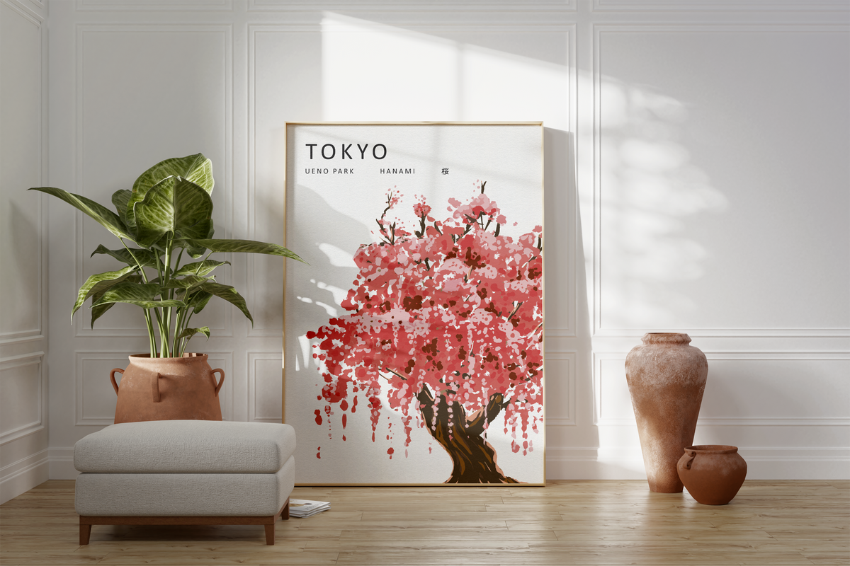 Das Poster zeigt einen japanischen Kirschbaum mit rosa Kirchblüten.
