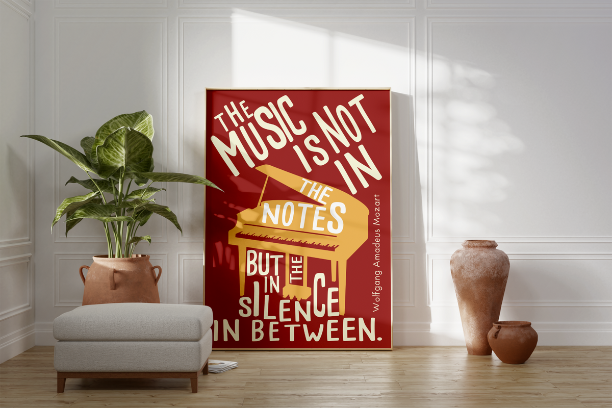 Dieses Klavier Poster zeigt ein Piano und ein Zitat von Mozart.