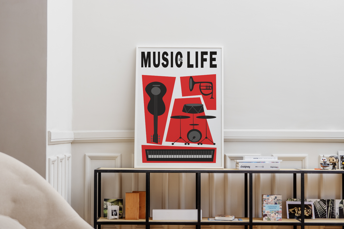 Retro Musik Poster im zeitgenössischen Stil mit verschiedenen Instrumenten.
