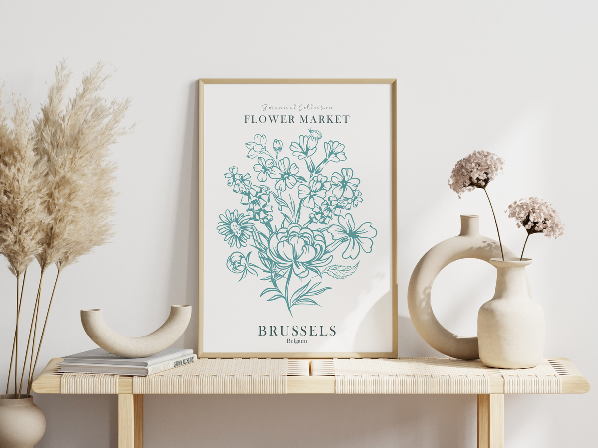 Das Poster ist ein fiktives Bild des Blumenmarktes in Brüssel, Belgien.