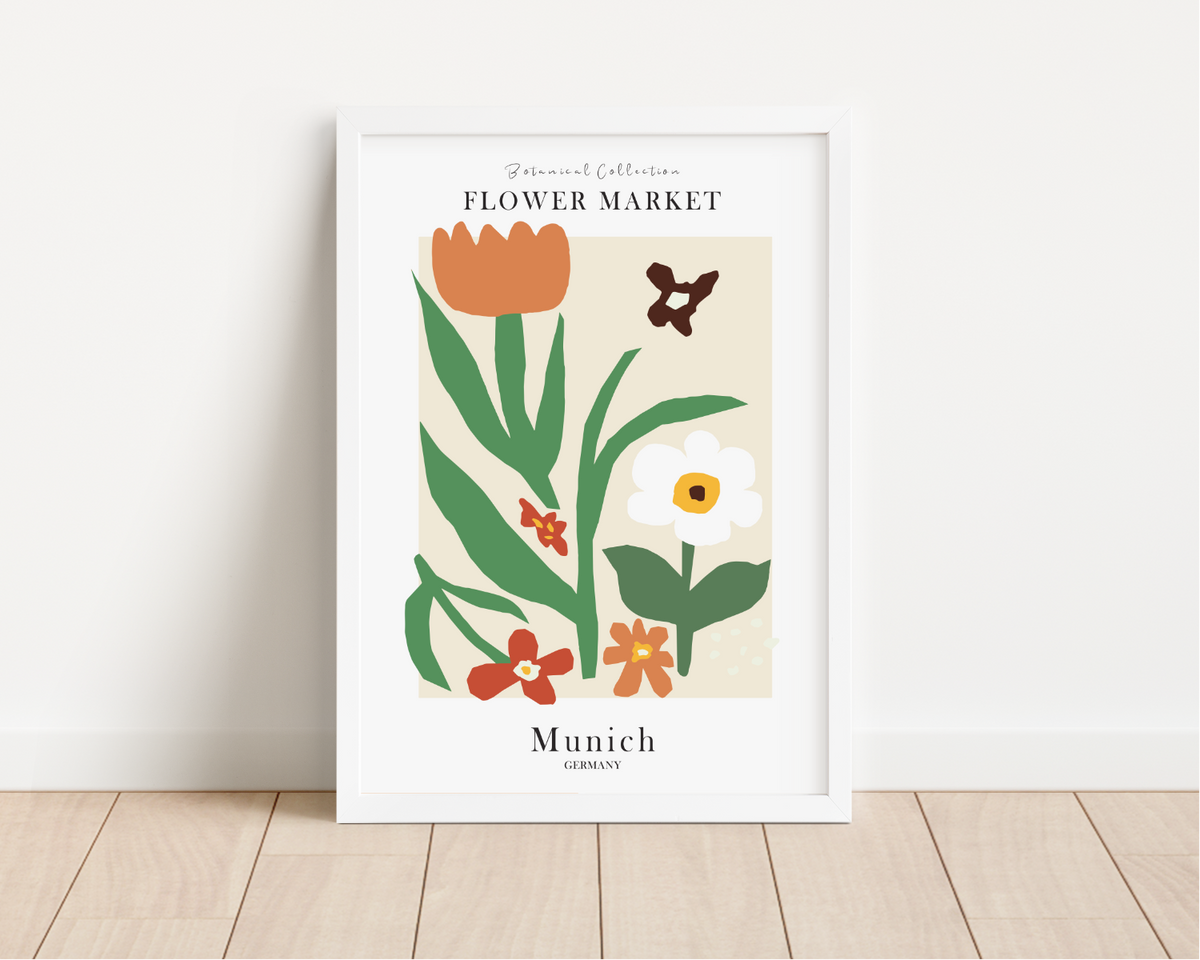 Das Poster ist ein fiktives Bild des Blumenmarktes in München, Deutschland.