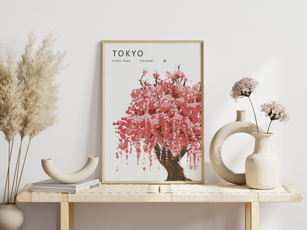 Das Poster zeigt einen japanischen Kirschbaum mit rosa Kirchblüten.