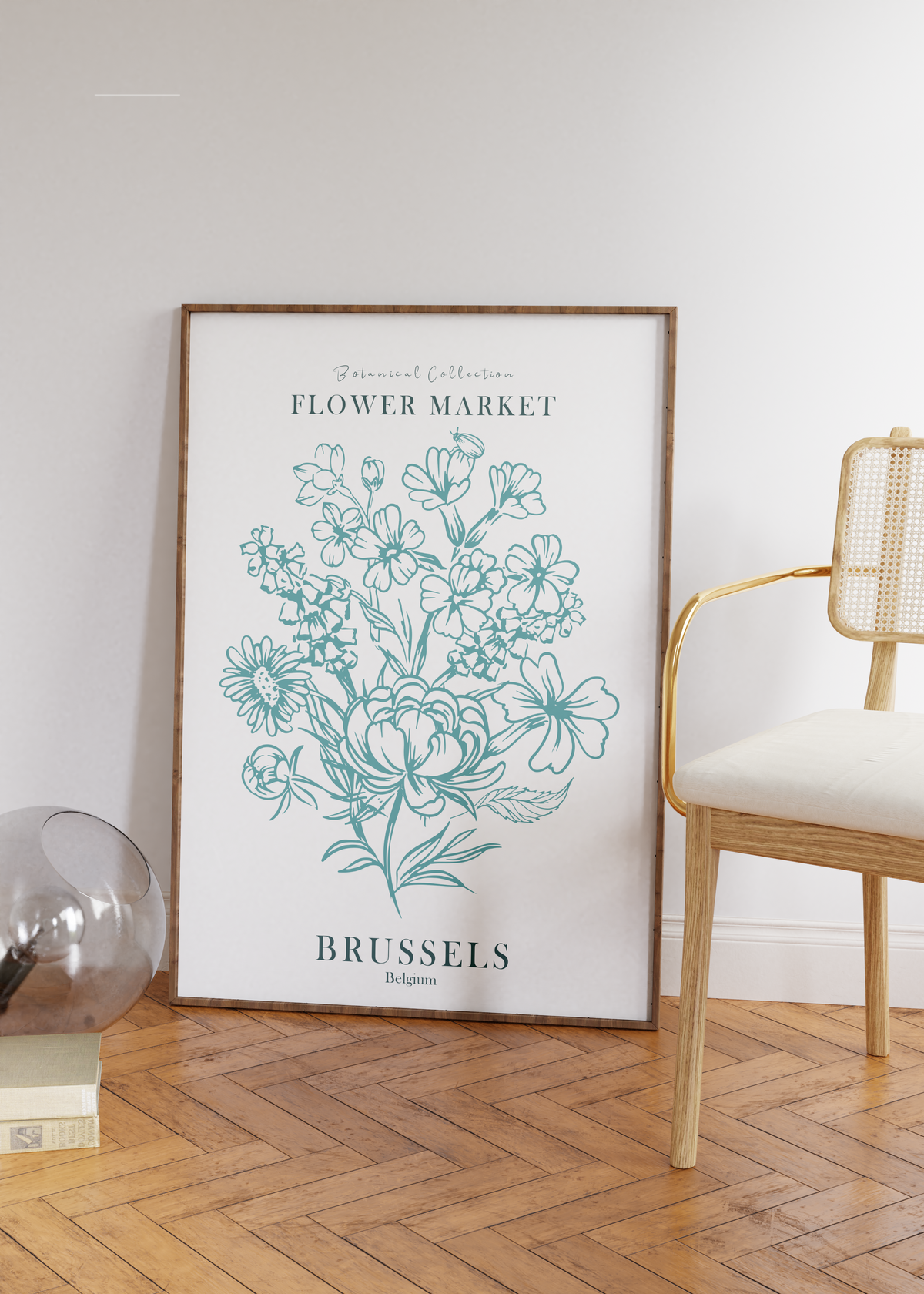 Das Poster ist ein fiktives Bild des Blumenmarktes in Brüssel, Belgien.