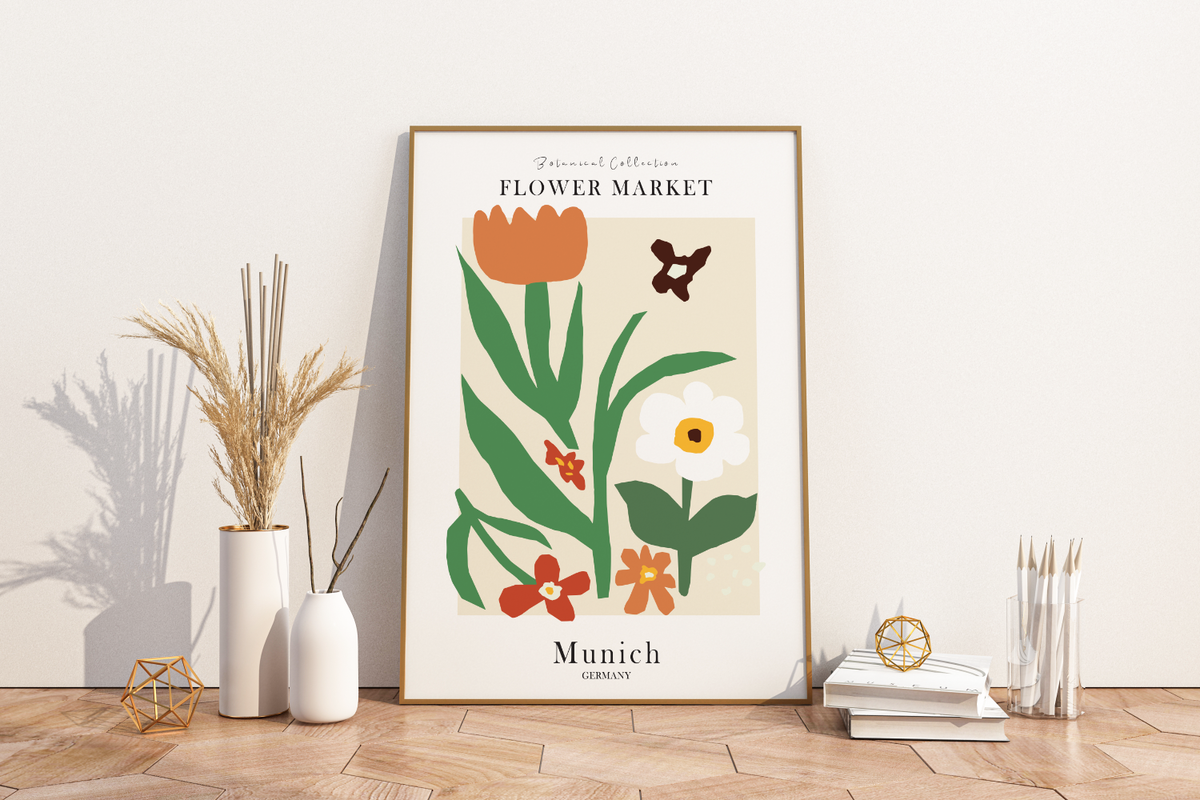 Das Poster ist ein fiktives Bild des Blumenmarktes in München, Deutschland.