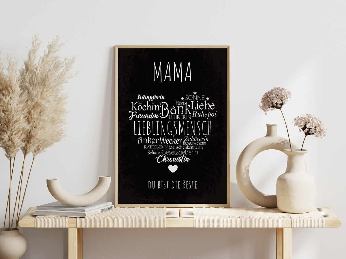 Das Bild zeigt dir, wie dieses tolle Poster für deine Mama gerahmt aussehen würde.