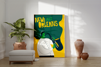 Dieses coole New Orleans Jazz Musik Poster zeigt einen Jazzmusiker in grün und gelb und modernen Stil.