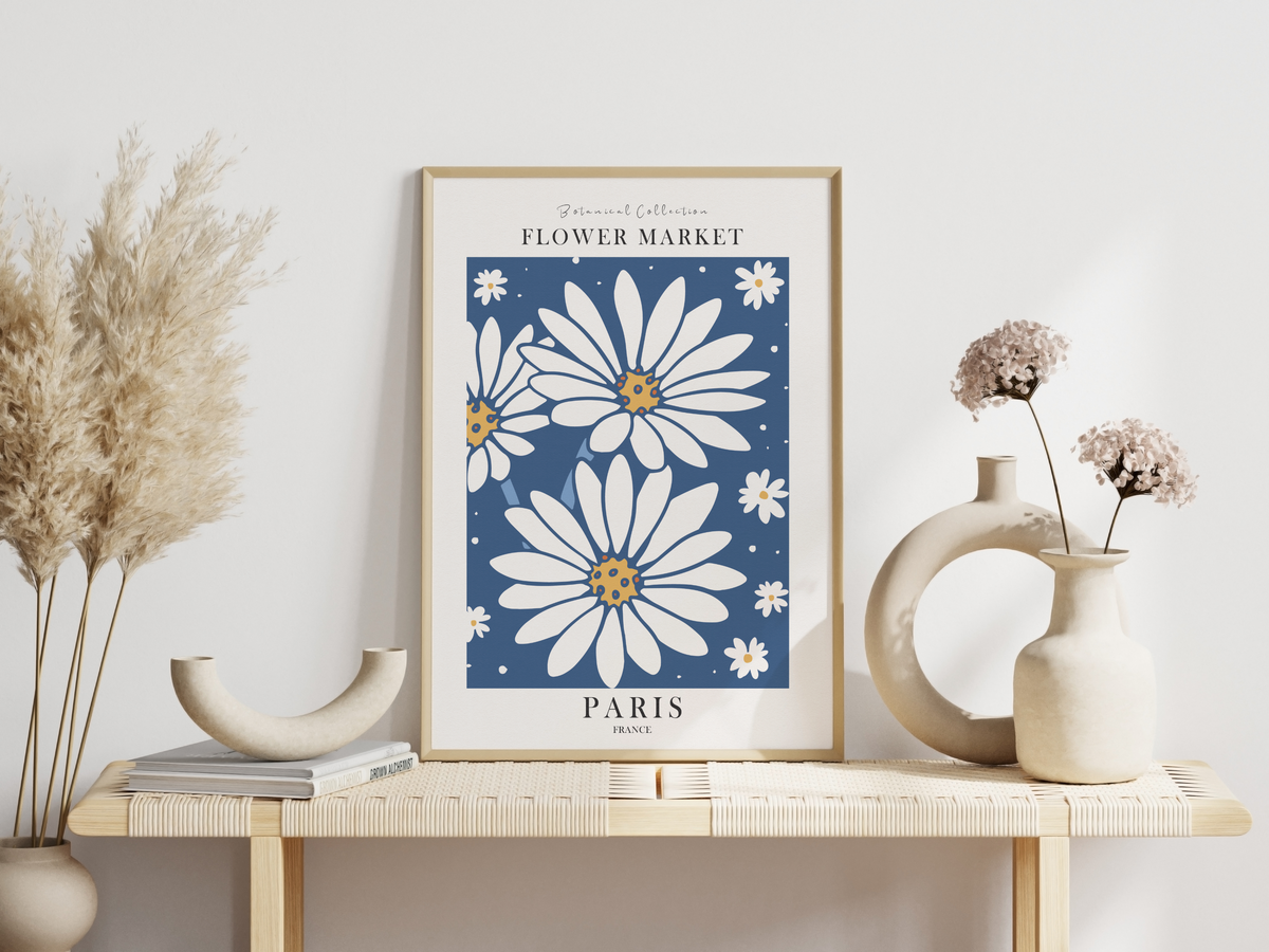Das blaue Küchenposter ist ein fiktives Bild des Blumenmarktes in Paris.