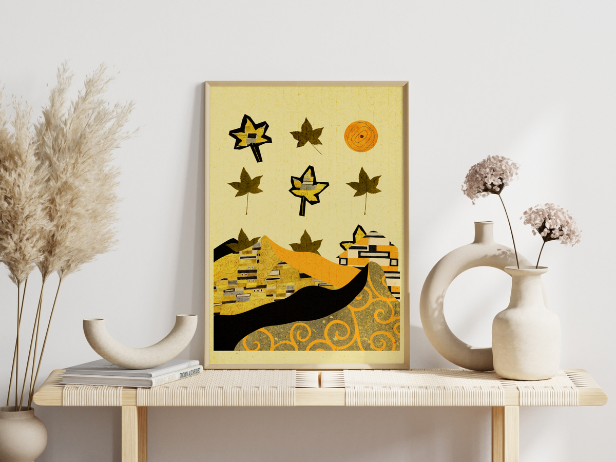 Das Poster zeigt verschiedene, abstrakt dargestellte Blätter die im Frühlingswind wehen.