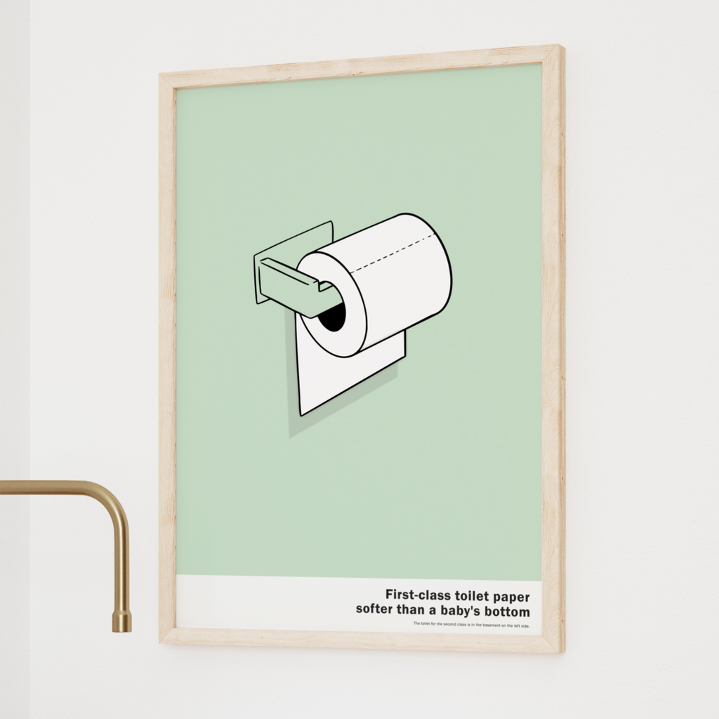 Das lustige Badezimmer zeigt eine Rolle Toilettenpapier im Pop Art Stil auf grünem HIntergrund.