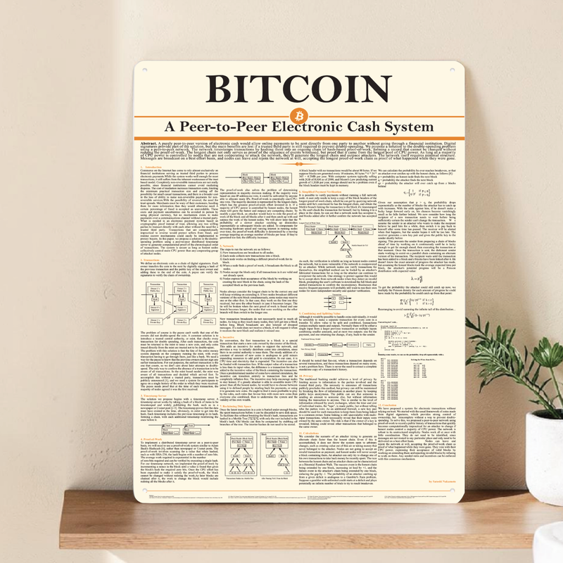 Das stilvolle Krypto-Metallschild mit dem Bitcoin Whitepaper ist auf einem hängenden Holzregal platziert. Es steht neben einer kleinen, grünen Zimmerpflanze im weißen Topf vor einer neutralen, beigen Wand im modernen Einrichtungsstil.