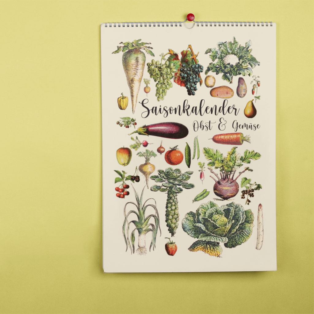 Das Bild zeigt den Saisonkalender für Obst und Gemüse. Der Kalender dient zur gesünderen und nachhaltigeren Ernähung.