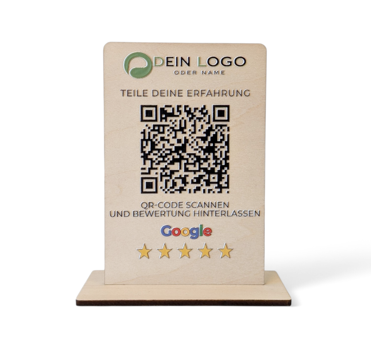 Google Bewertungs-Aufsteller aus Holz – QR-Code mit Google-Logo und personalisierbarem Text. Stilvolle Theke-Deko für mehr Bewertungen. Größe: 12x8 cm, inkl. Fuß. Jetzt individuell gestalten!