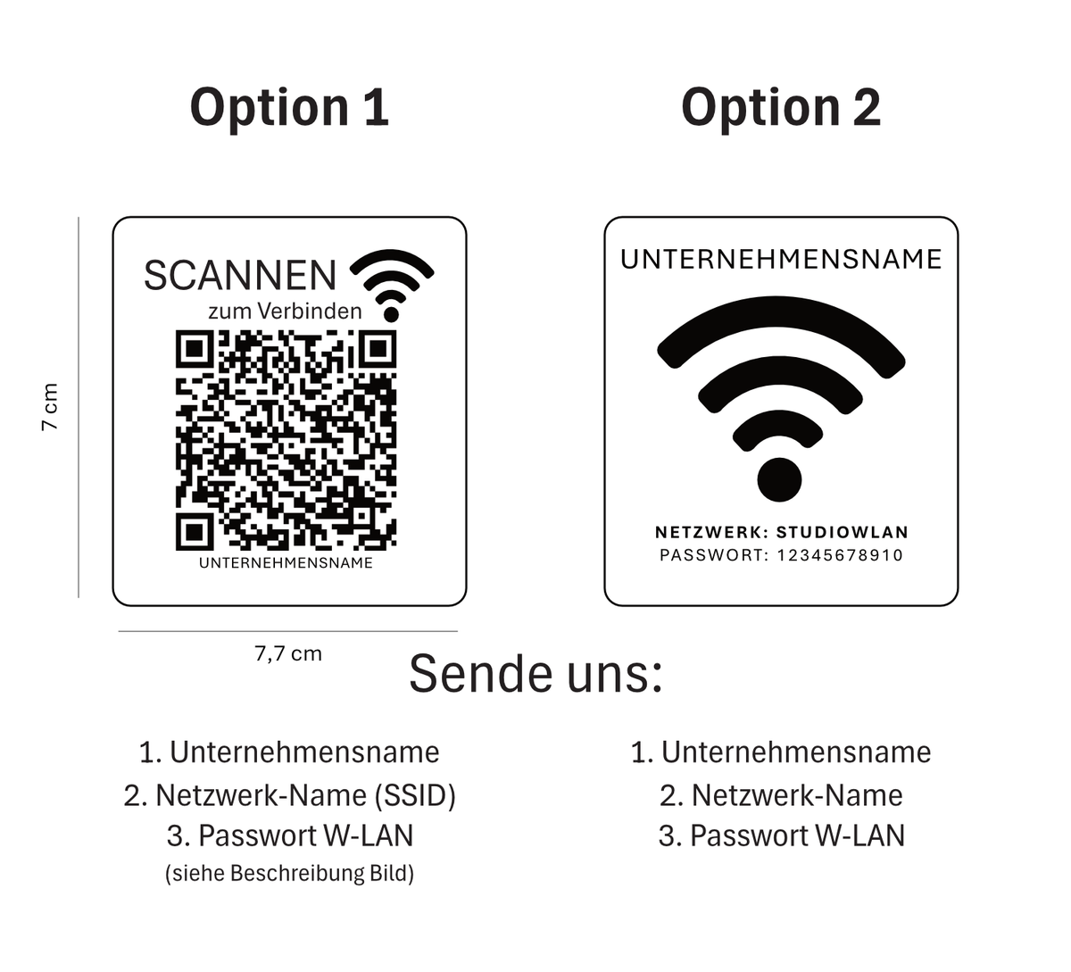 WLAN-Aufsteller aus Holz (7×7 cm) inkl. Kartenhalter. Wähle QR-Code oder Klartextgravur. Bitte sende Netzwerknamen & Passwort zur Personalisierung. Ideal für Gäste, Café, Büro oder Airbnb.