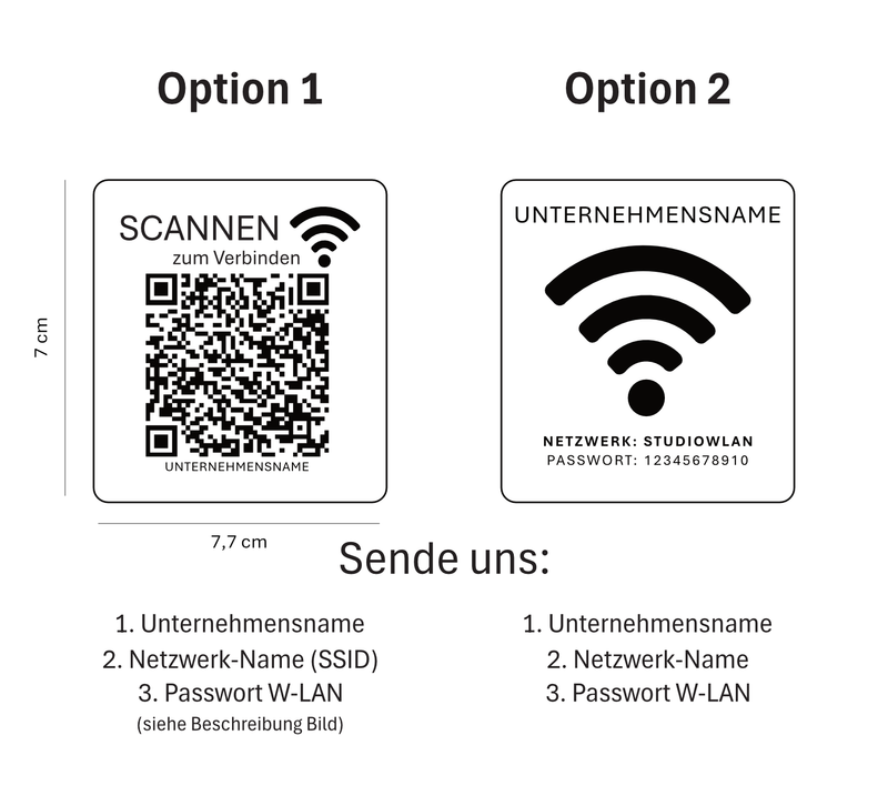 WLAN-Aufsteller aus Holz (7×7 cm) inkl. Kartenhalter. Wähle QR-Code oder Klartextgravur. Bitte sende Netzwerknamen & Passwort zur Personalisierung. Ideal für Gäste, Café, Büro oder Airbnb.