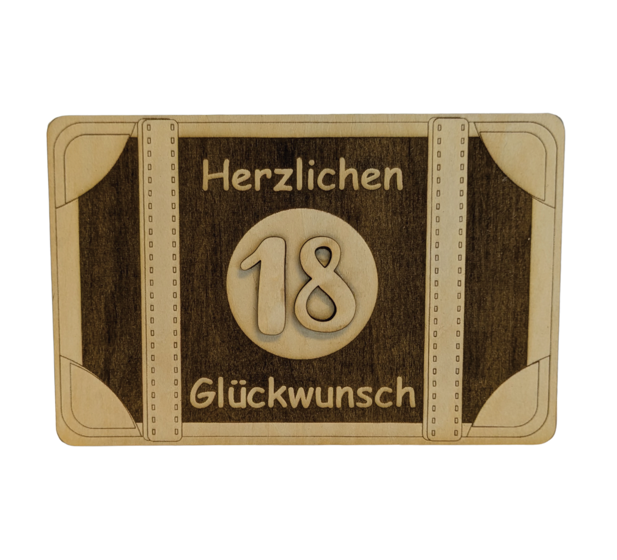 Gravierte Geschenkkarte aus Holz mit Koffer, Geldfach & Wunschtext – 14 x 9 cm, 6 mm dick. Alter & Spruch personalisierbar. Einzigartig zum Geburtstag!