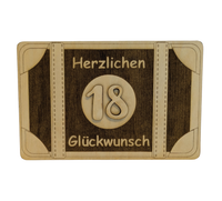 Gravierte Geschenkkarte aus Holz mit Koffer, Geldfach & Wunschtext – 14 x 9 cm, 6 mm dick. Alter & Spruch personalisierbar. Einzigartig zum Geburtstag!