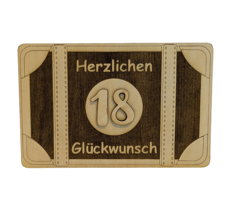 Gravierte Geschenkkarte aus Holz mit Koffer, Geldfach & Wunschtext – 14 x 9 cm, 6 mm dick. Alter & Spruch personalisierbar. Einzigartig zum Geburtstag!