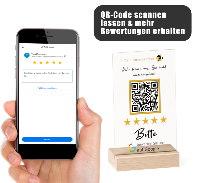 Dieser personalisierbare Google Bewertung QR-Code Aufsteller mit Holzfuss ist perfekt, um für dein Unternehmen zu werben. 