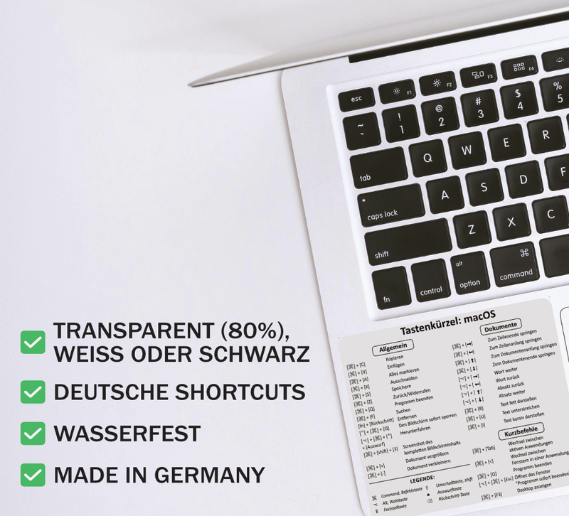 Der abwaschbare Aufkleber zeigt die nützlichsten deutschen Tastenkürzel für MacOS. 