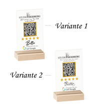 „Google Bewertung QR-Code Aufsteller aus Acryl mit Holzfuß – personalisierbar mit Logo und Link zur Bewertungsseite“
