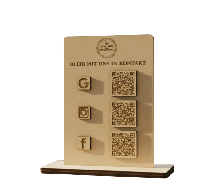 Social Medi, Google, Website QR-Code Aufsteller aus Holz – Individuell für Google, Website, Instagram, TikTok, LinkedIn & mehr. Wunschtext & Logo/Firmennamen gravierbar. Hochwertige Theke-Deko.