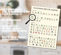 Dieses Poster eines Saisonkalenders zeigt verschiedene Obst, Gemüse, Salat und Obst Sorten.